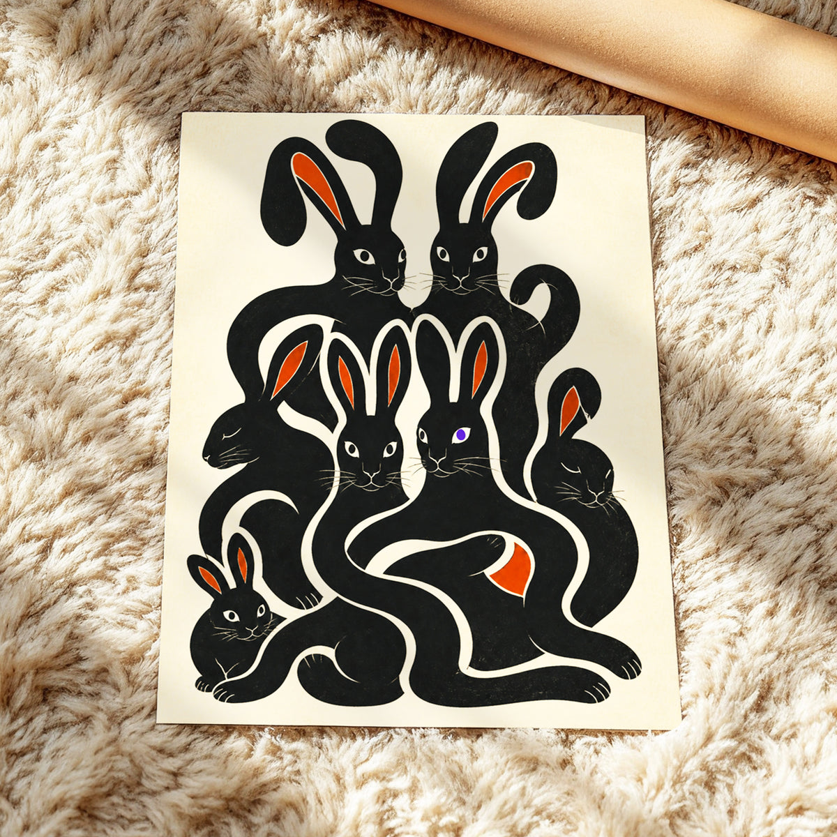 Rabbit Rhapsody, black, beige, orange nature wall art displayed in a styled interior, gallery view 5