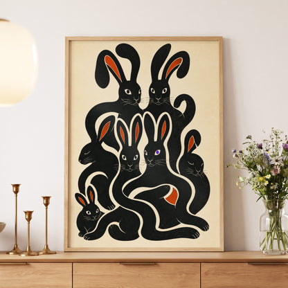 Rabbit Rhapsody, black, beige, orange nature wall art displayed in a styled interior, gallery view 6