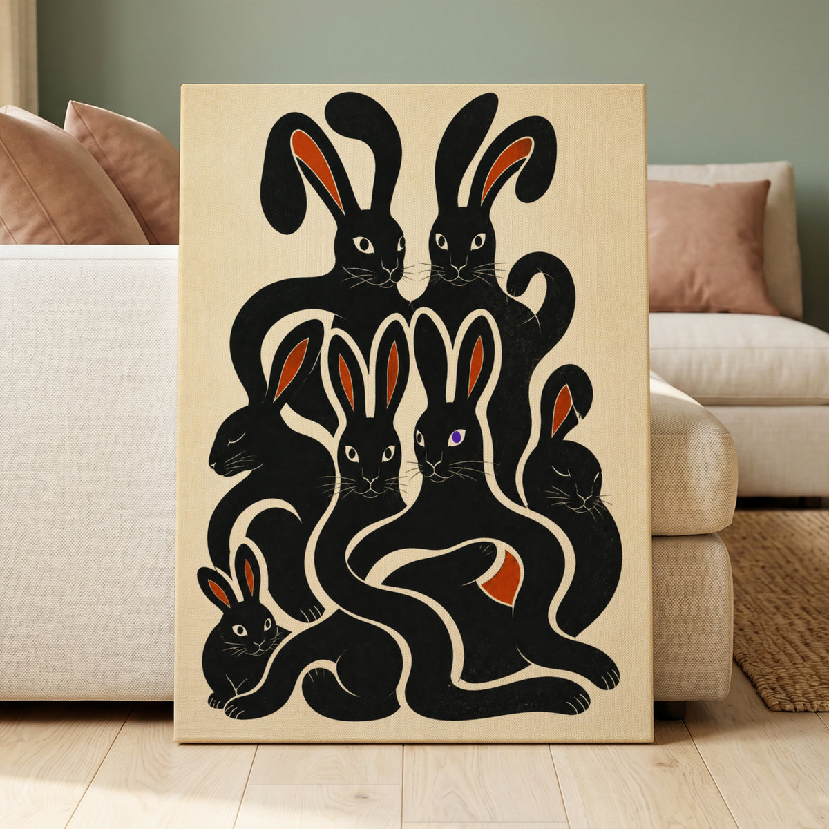 Rabbit Rhapsody, black, beige, orange nature wall art displayed in a styled interior, gallery view 7