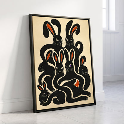 Rabbit Rhapsody, black, beige, orange nature wall art displayed in a styled interior, gallery view 8