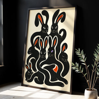 Rabbit Rhapsody, black, beige, orange nature wall art displayed in a styled interior, gallery view 9