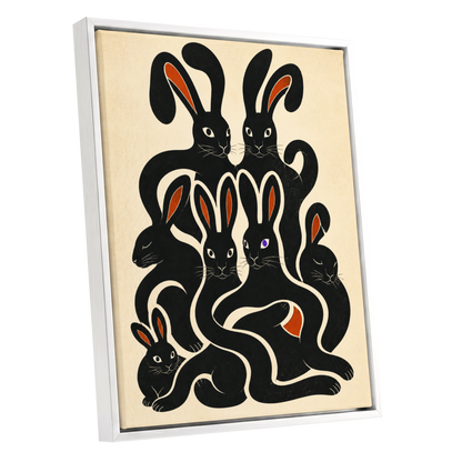 Rabbit Rhapsody, black, beige, orange nature wall art shown as a white framed canvas wall art