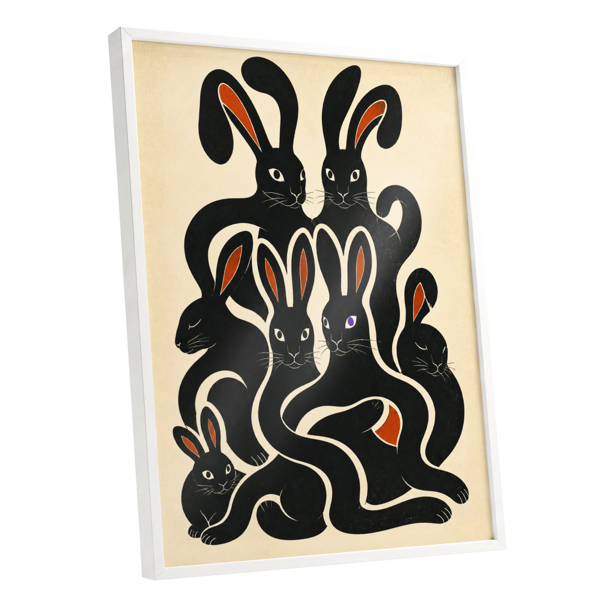 Rabbit Rhapsody, black, beige, orange nature wall art shown as a white framed poster wall art print