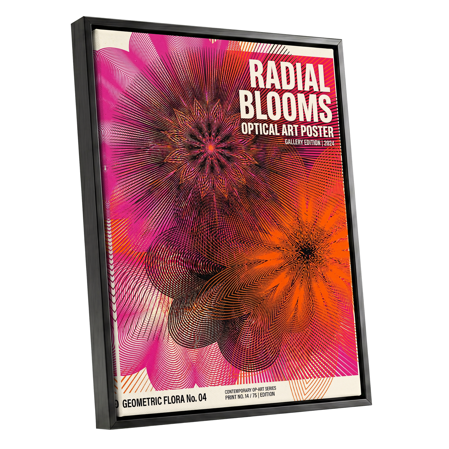 Radial Bloom Pulse, pink, orange, black floral wall art shown as a black framed canvas wall art