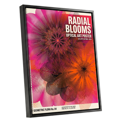 Radial Bloom Pulse, pink, orange, black floral wall art shown as a black framed canvas wall art