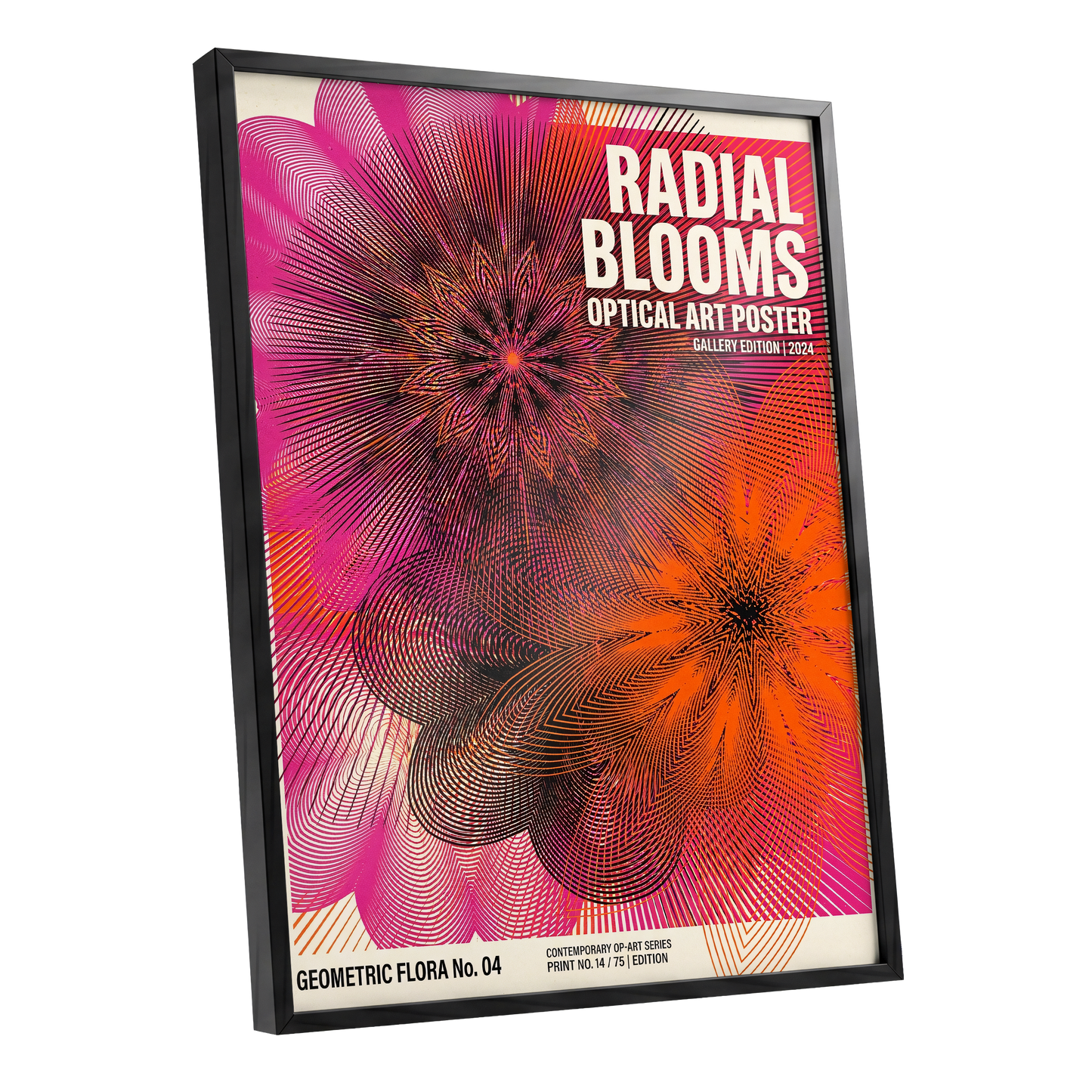 Radial Bloom Pulse, pink, orange, black floral wall art shown as a black framed poster wall art print