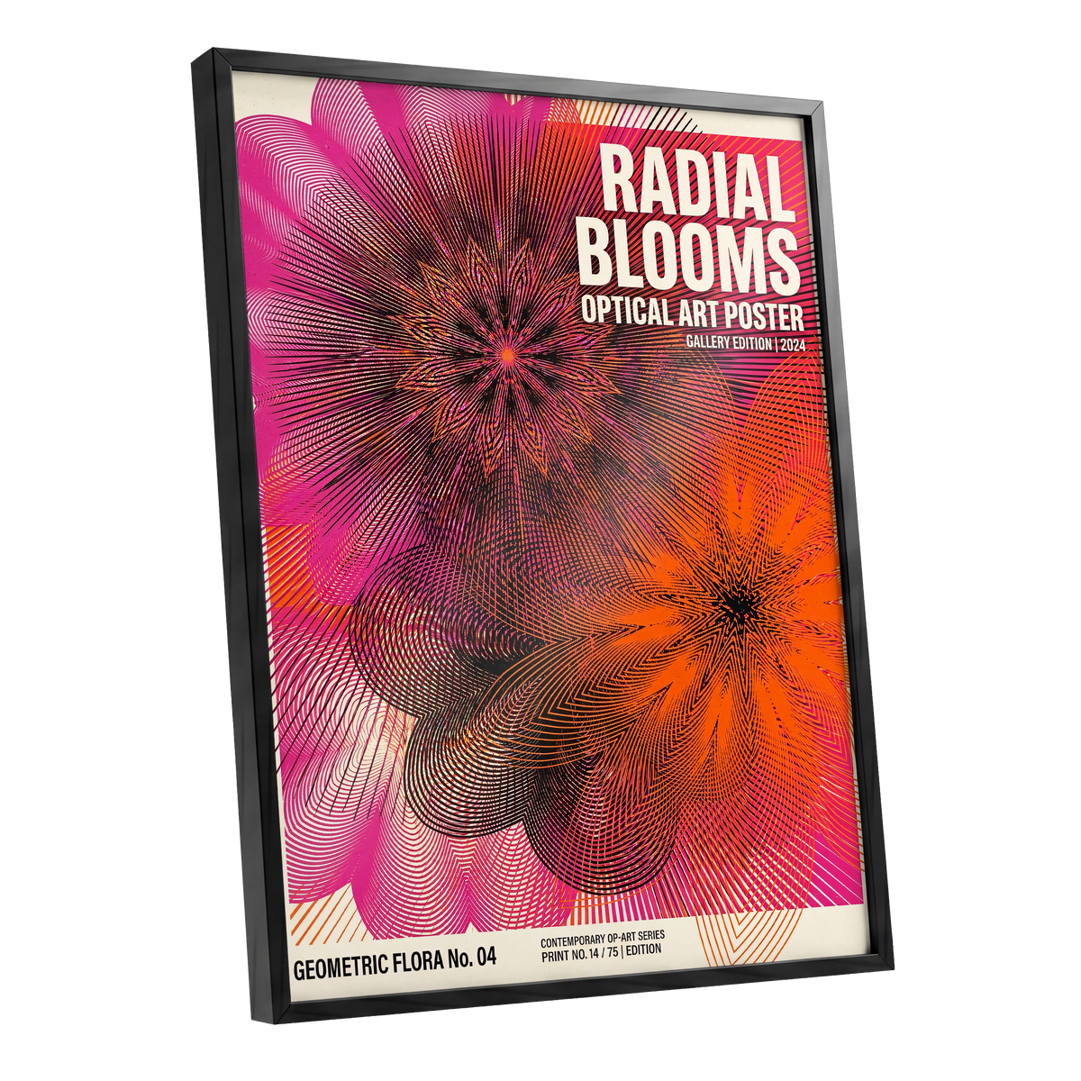 Radial Bloom Pulse, pink, orange, black floral wall art shown as a black framed poster wall art print