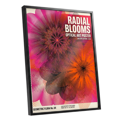 Radial Bloom Pulse, pink, orange, black floral wall art shown as a black framed poster wall art print