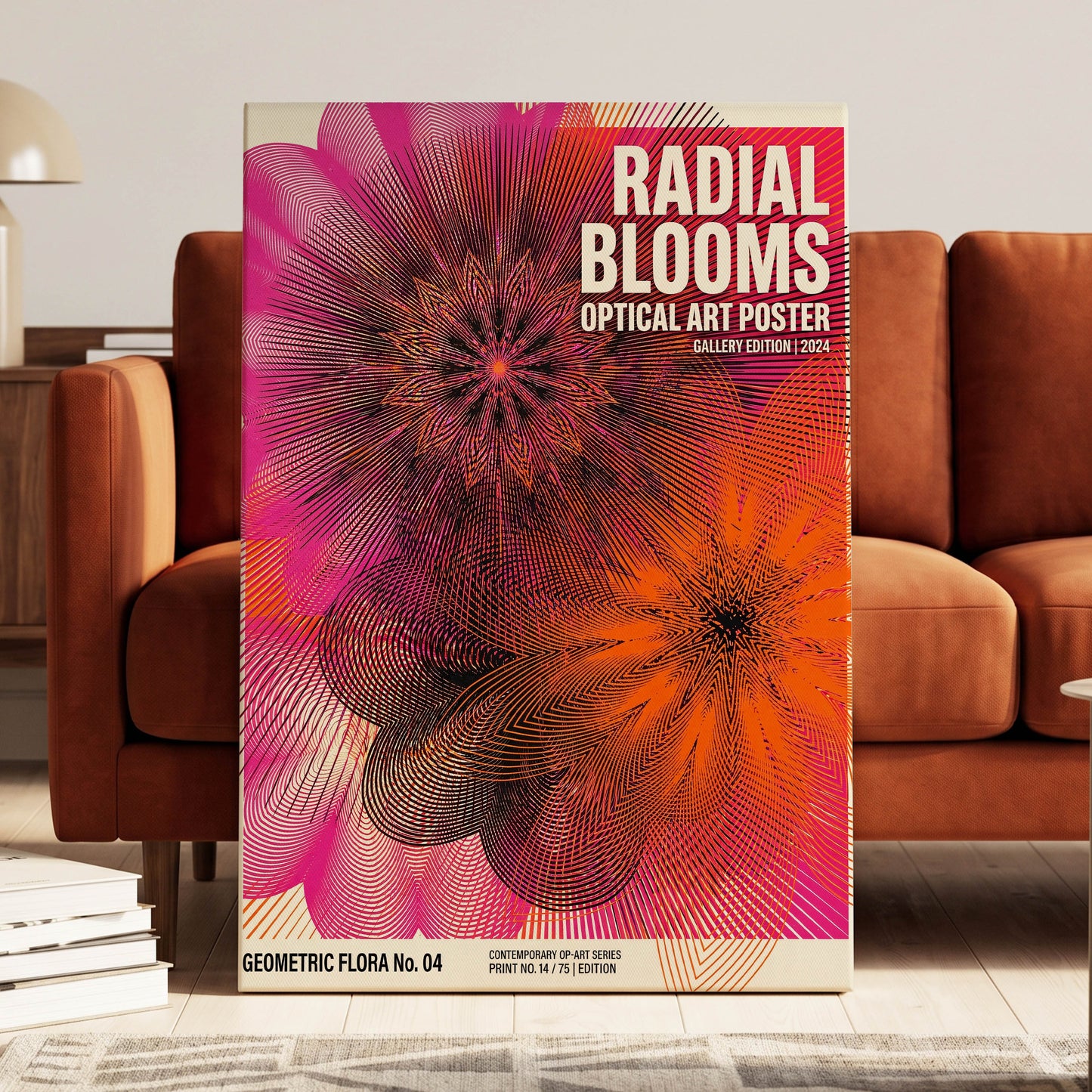 Radial Bloom Pulse, pink, orange, black floral wall art on canvas displayed in a styled interior, gallery view 1