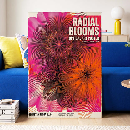 Radial Bloom Pulse, pink, orange, black floral wall art on canvas displayed in a styled interior, gallery view 2