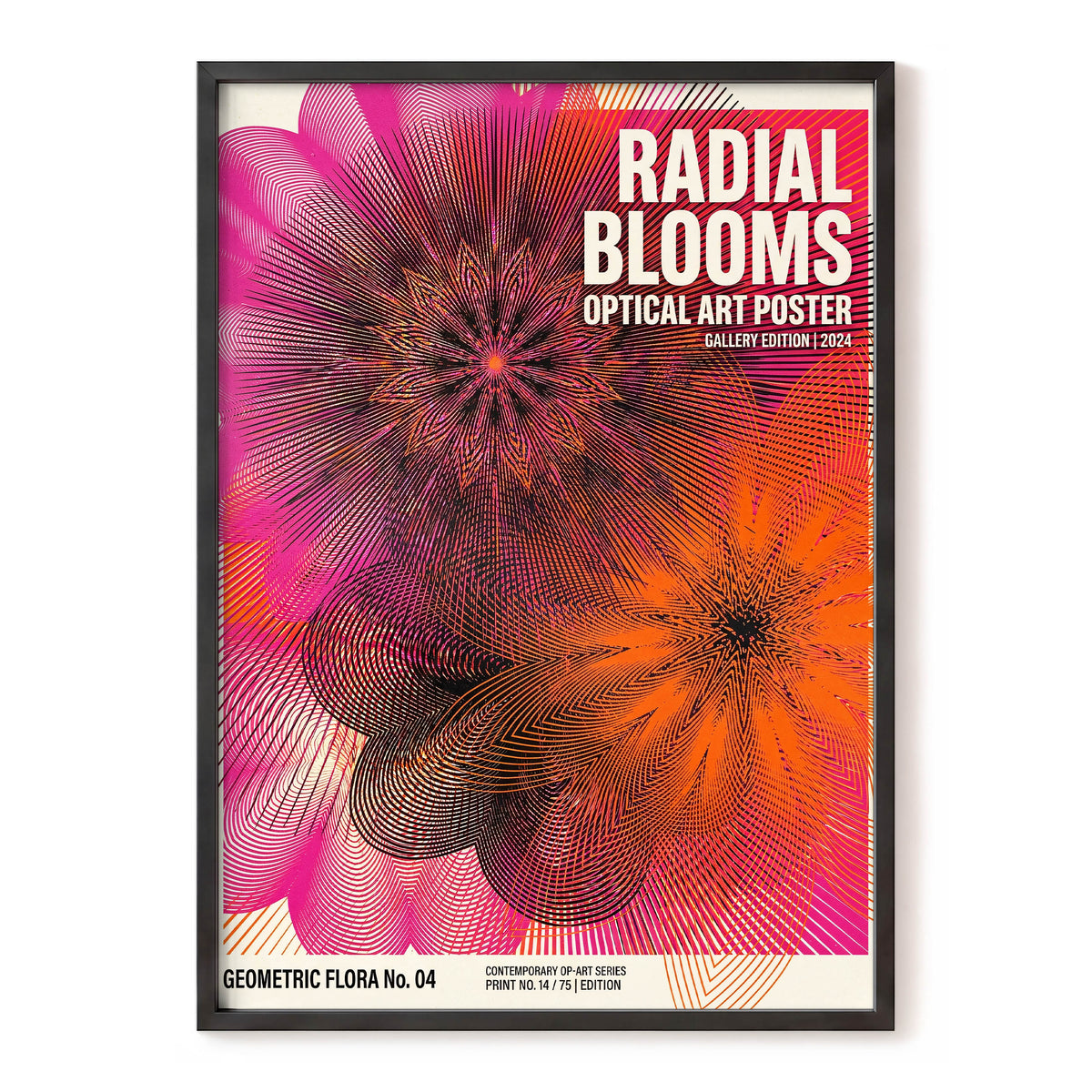 Radial Bloom Pulse, pink, orange, black floral wall art, front artwork view