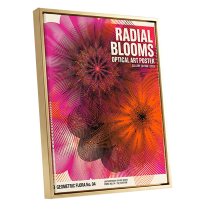 Radial Bloom Pulse, pink, orange, black floral wall art shown as a gold framed canvas wall art
