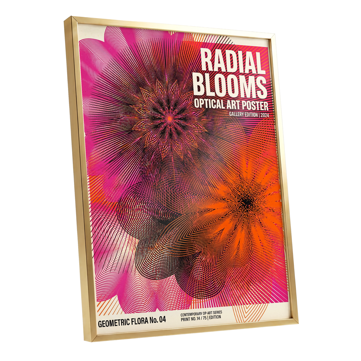 Radial Bloom Pulse, pink, orange, black floral wall art shown as a gold framed poster wall art print
