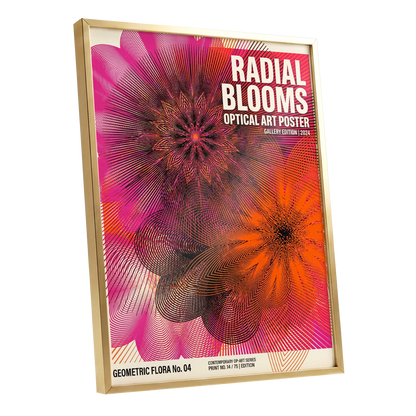 Radial Bloom Pulse, pink, orange, black floral wall art shown as a gold framed poster wall art print