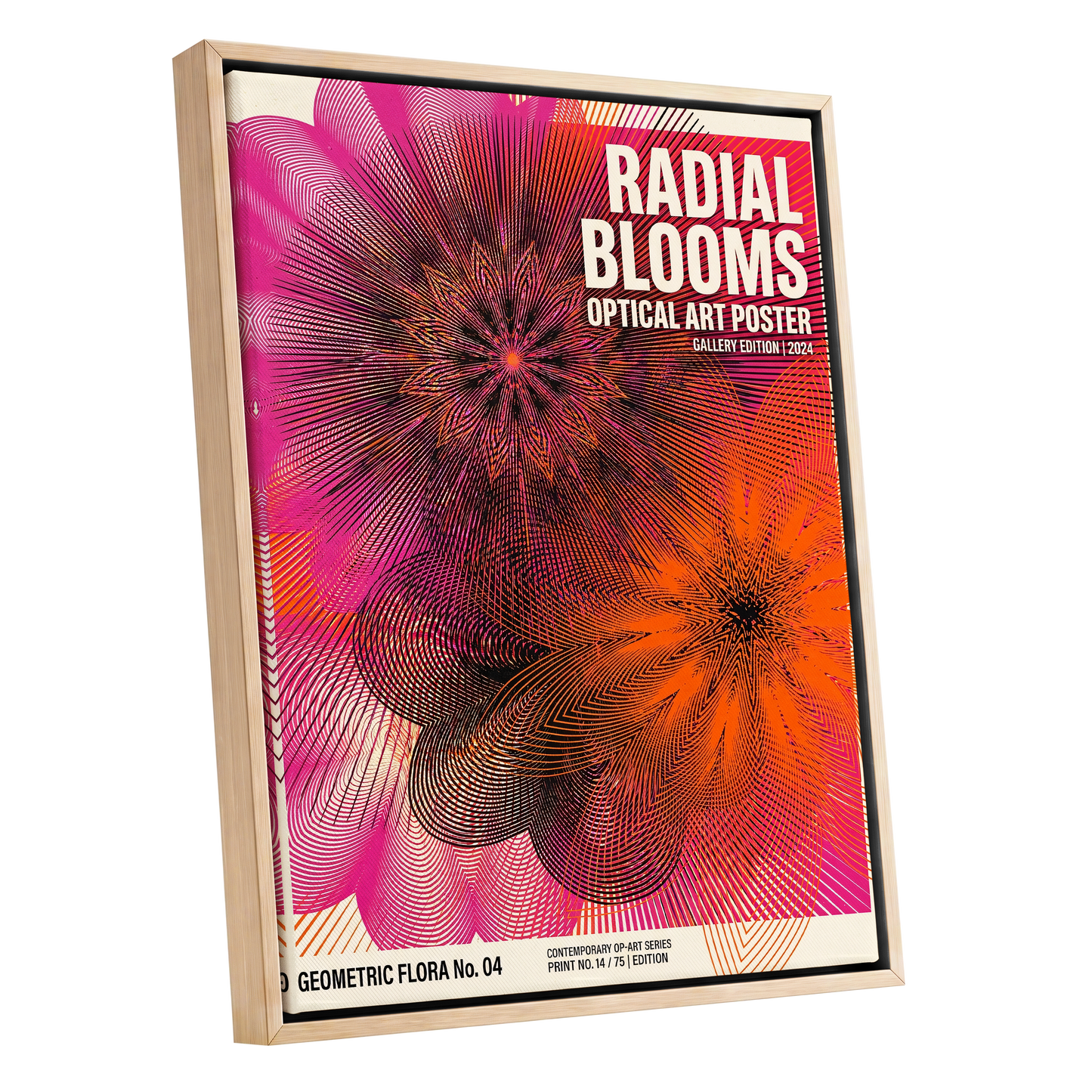 Radial Bloom Pulse, pink, orange, black floral wall art shown as a oak framed canvas wall art