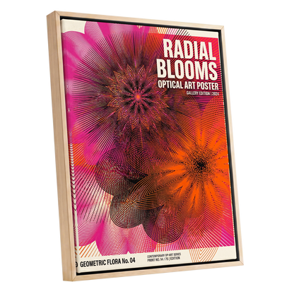 Radial Bloom Pulse, pink, orange, black floral wall art shown as a oak framed canvas wall art