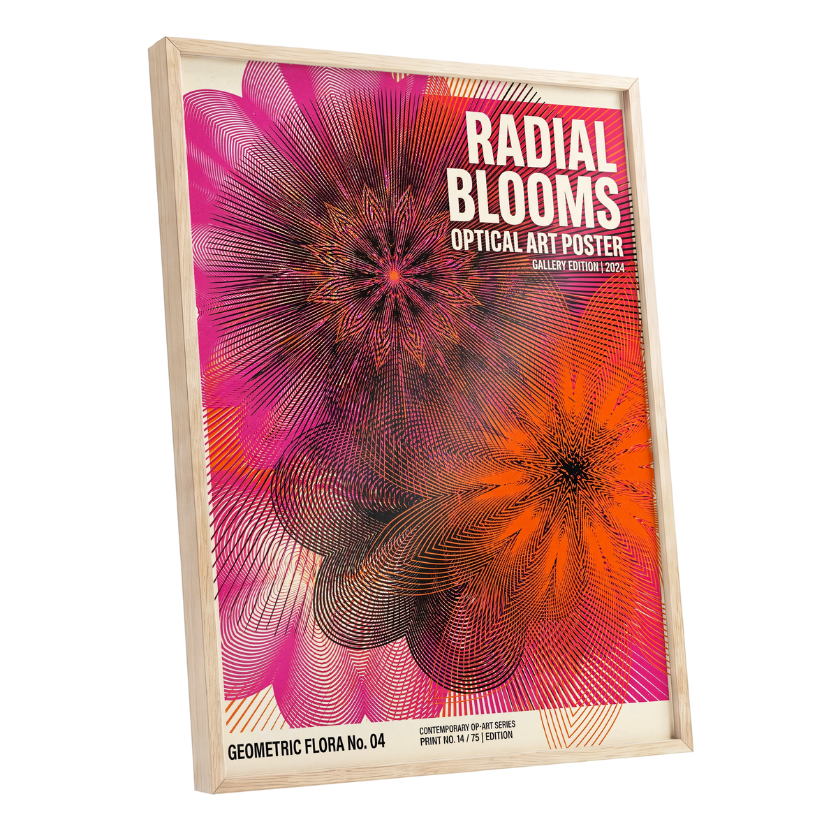 Radial Bloom Pulse, pink, orange, black floral wall art shown as a oak framed poster wall art print
