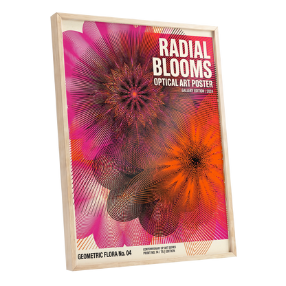 Radial Bloom Pulse, pink, orange, black floral wall art shown as a oak framed poster wall art print