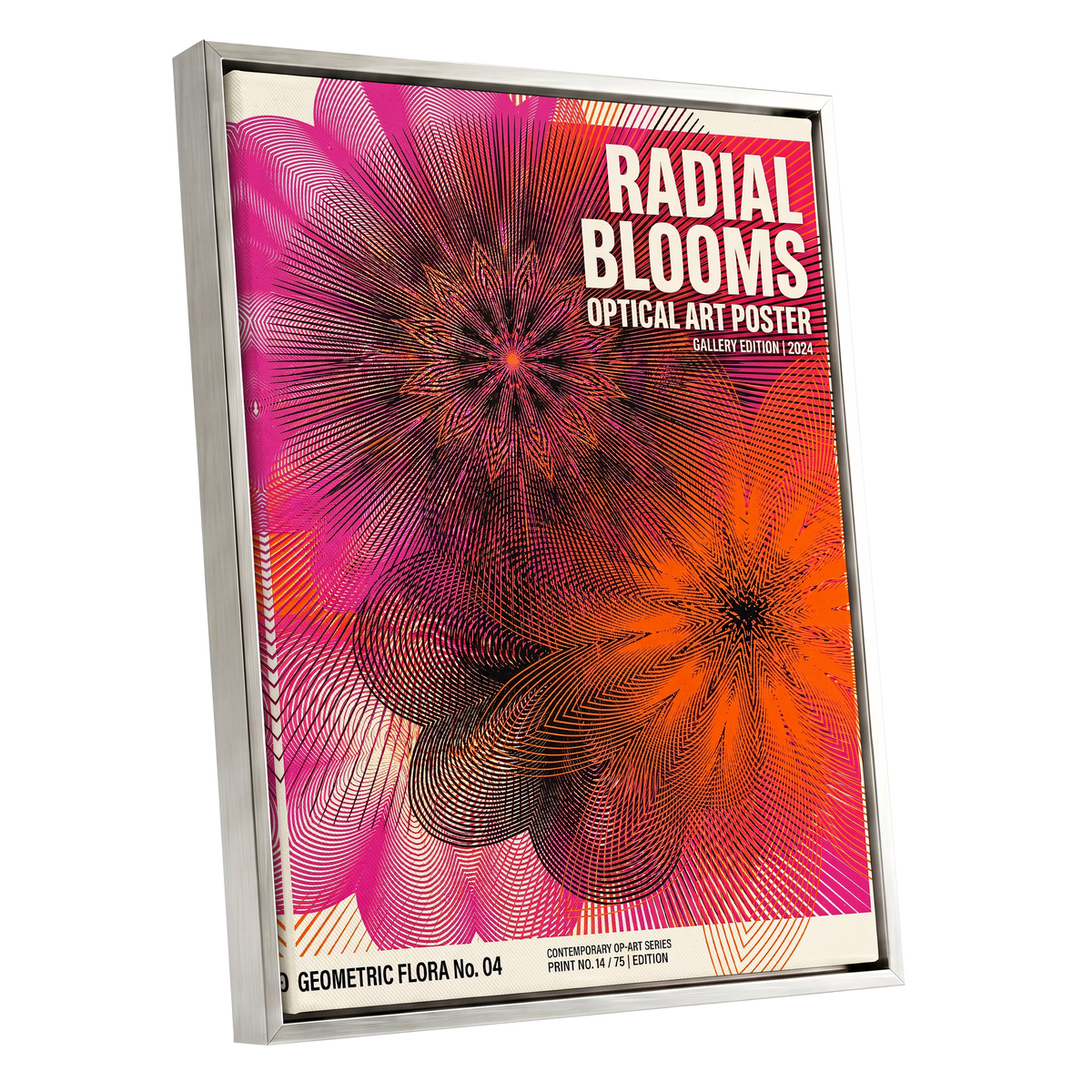 Radial Bloom Pulse, pink, orange, black floral wall art shown as a silver framed canvas wall art