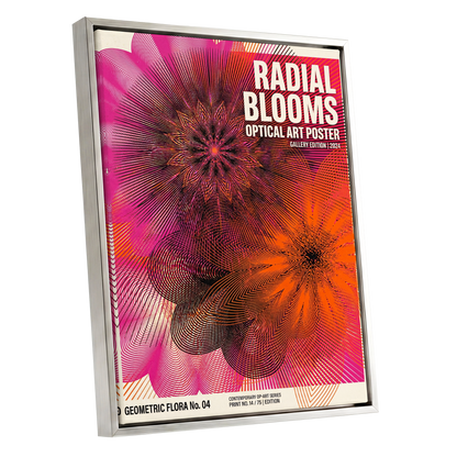 Radial Bloom Pulse, pink, orange, black floral wall art shown as a silver framed canvas wall art