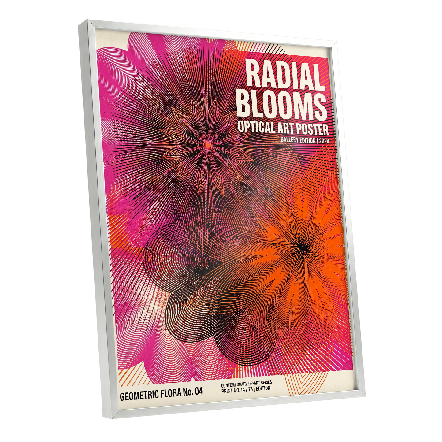 Radial Bloom Pulse, pink, orange, black floral wall art shown as a silver framed poster wall art print