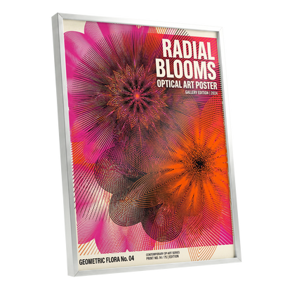 Radial Bloom Pulse, pink, orange, black floral wall art shown as a silver framed poster wall art print