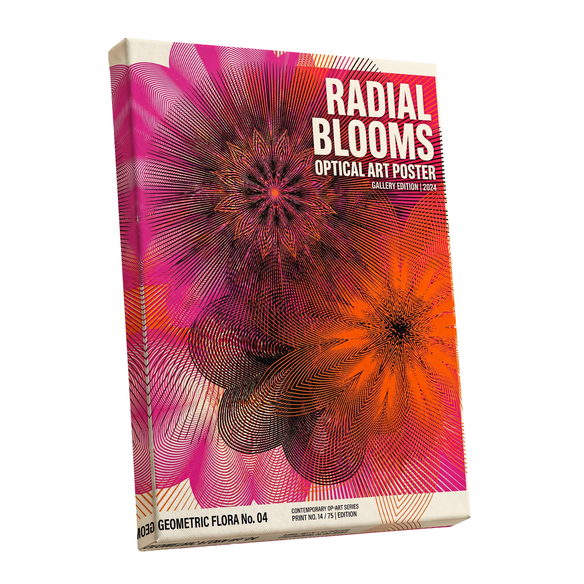 Radial Bloom Pulse, pink, orange, black floral wall art shown as a stretched canvas wall art