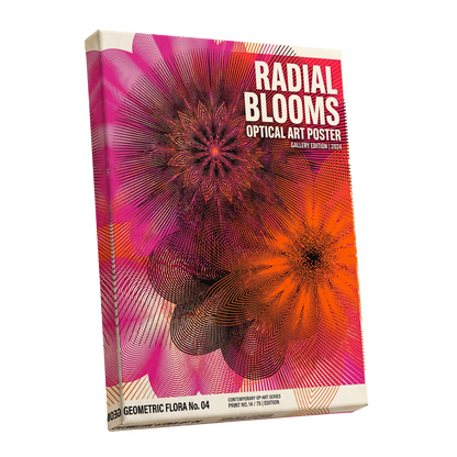 Radial Bloom Pulse, pink, orange, black floral wall art shown as a stretched canvas wall art