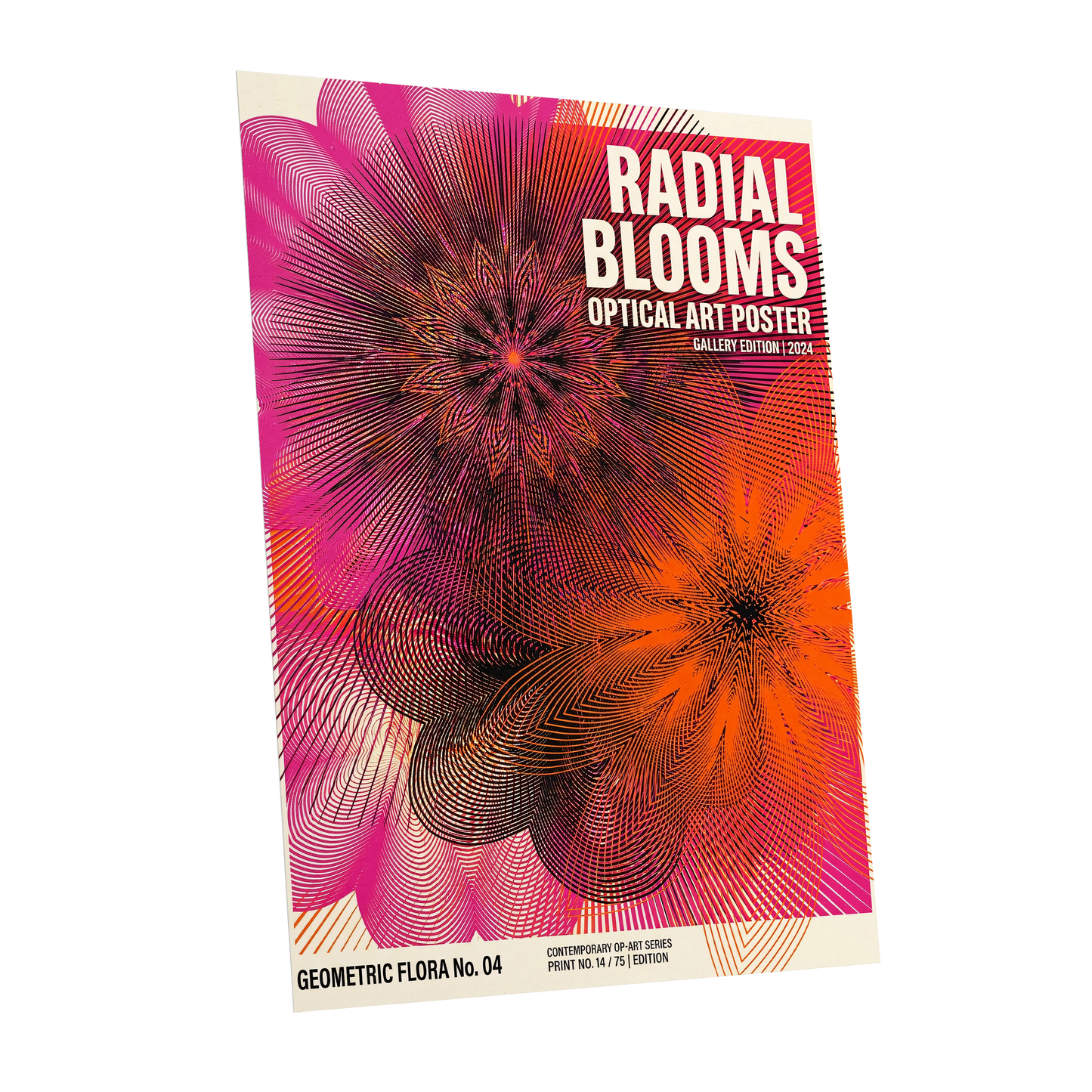 Radial Bloom Pulse, pink, orange, black floral wall art shown as a unframed poster wall art print