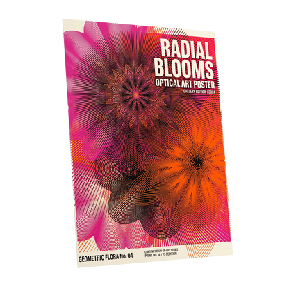 Radial Bloom Pulse, pink, orange, black floral wall art shown as a unframed poster wall art print