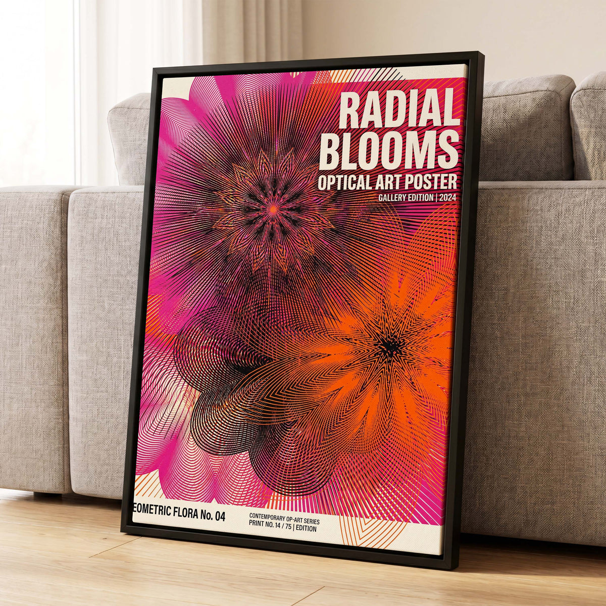 Radial Bloom Pulse, pink, orange, black floral wall art displayed in a styled interior, gallery view 1