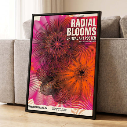 Radial Bloom Pulse, pink, orange, black floral wall art displayed in a styled interior, gallery view 1