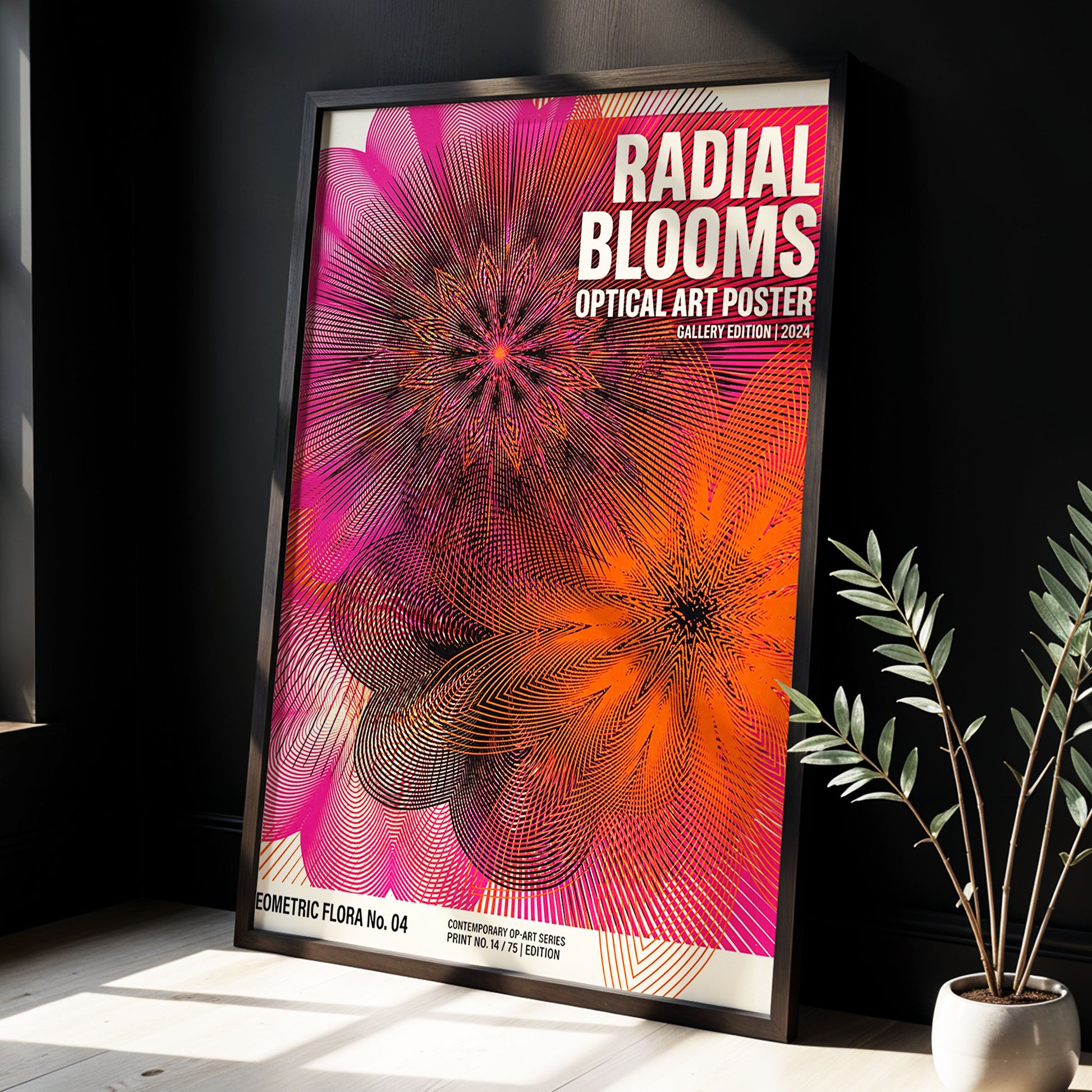 Radial Bloom Pulse, pink, orange, black floral wall art displayed in a styled interior, gallery view 2