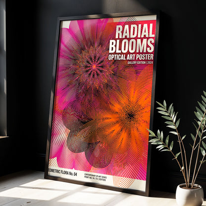 Radial Bloom Pulse, pink, orange, black floral wall art displayed in a styled interior, gallery view 2