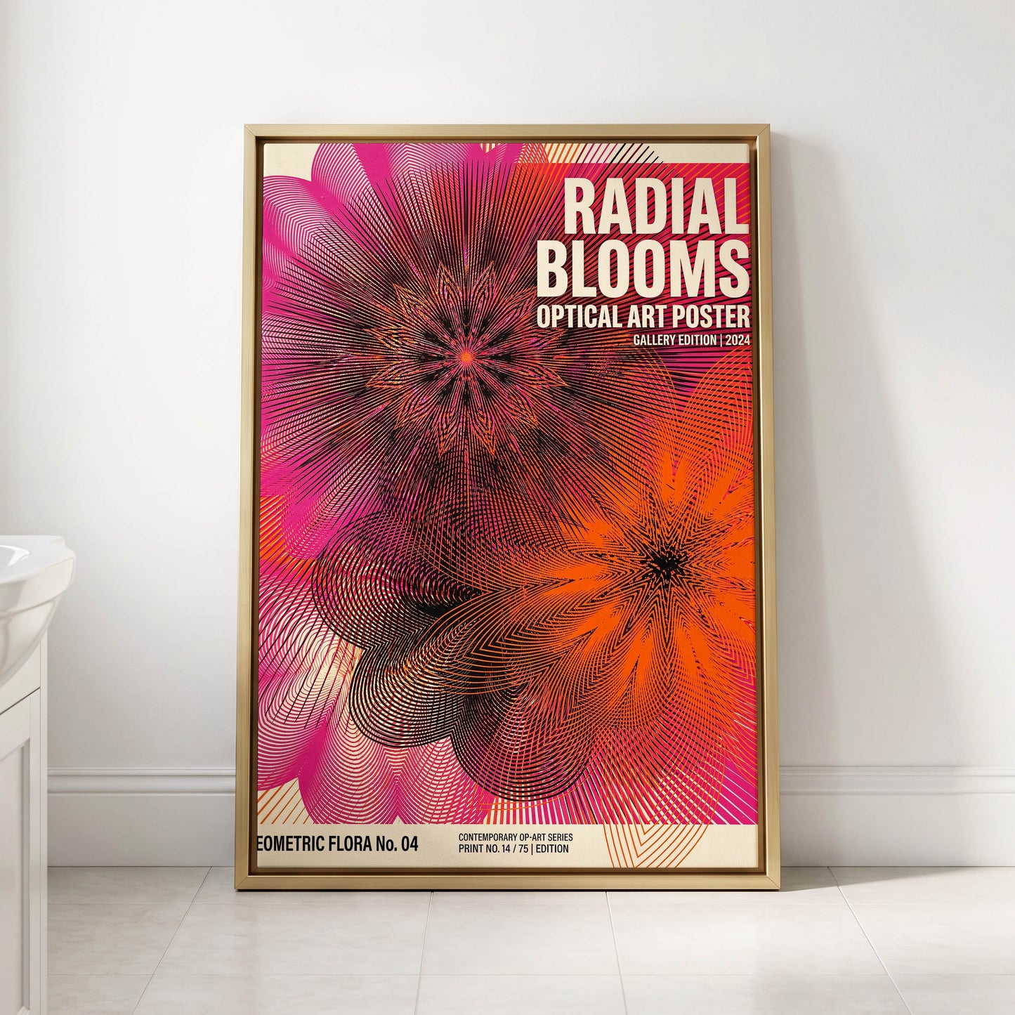 Radial Bloom Pulse, pink, orange, black floral wall art displayed in a styled interior, gallery view 3