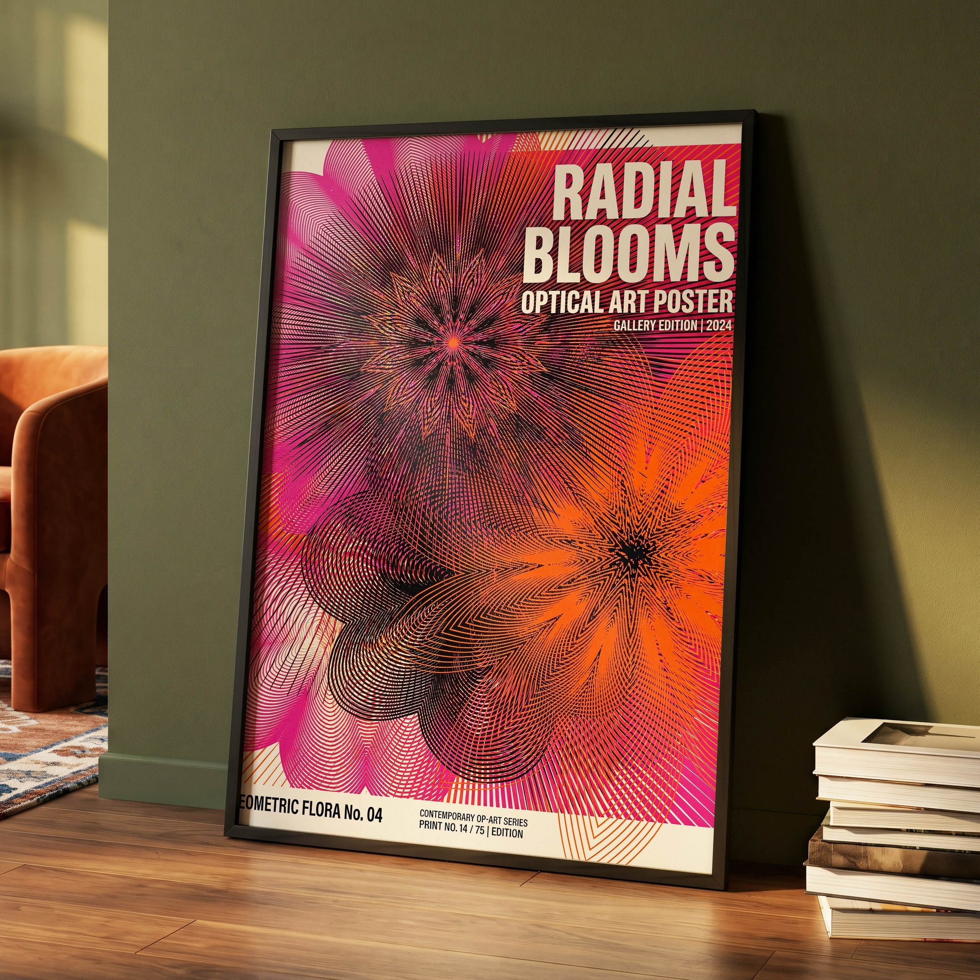 Radial Bloom Pulse, pink, orange, black floral wall art displayed in a styled interior, gallery view 4
