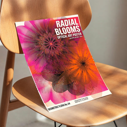 Radial Bloom Pulse, pink, orange, black floral wall art displayed in a styled interior, gallery view 5