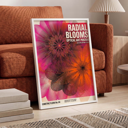 Radial Bloom Pulse, pink, orange, black floral wall art displayed in a styled interior, gallery view 6