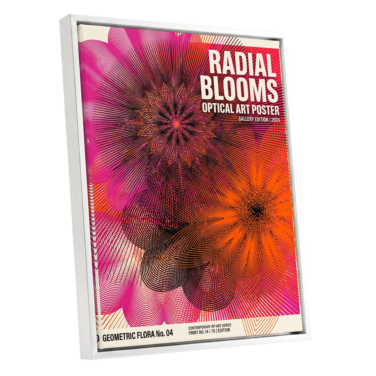 Radial Bloom Pulse, pink, orange, black floral wall art shown as a white framed canvas wall art