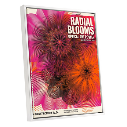 Radial Bloom Pulse, pink, orange, black floral wall art shown as a white framed canvas wall art