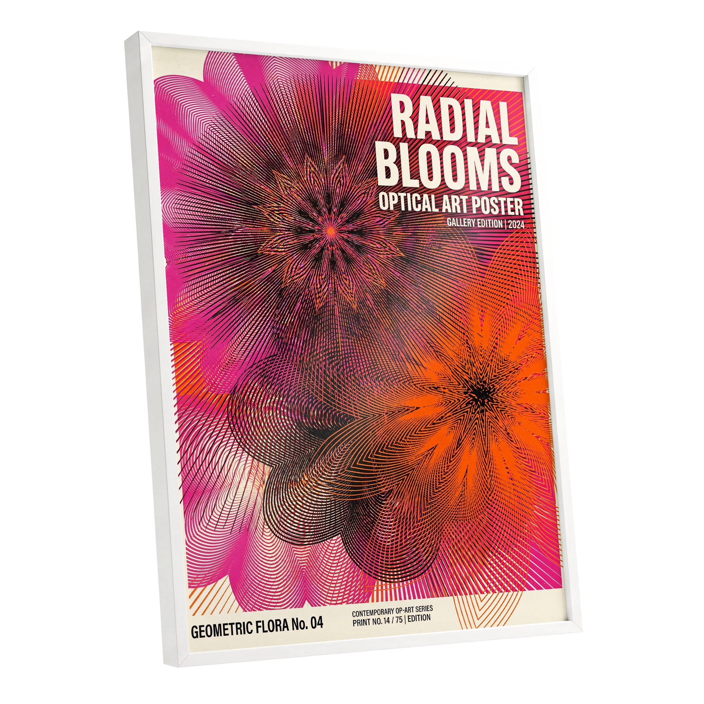 Radial Bloom Pulse, pink, orange, black floral wall art shown as a white framed poster wall art print