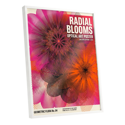 Radial Bloom Pulse, pink, orange, black floral wall art shown as a white framed poster wall art print
