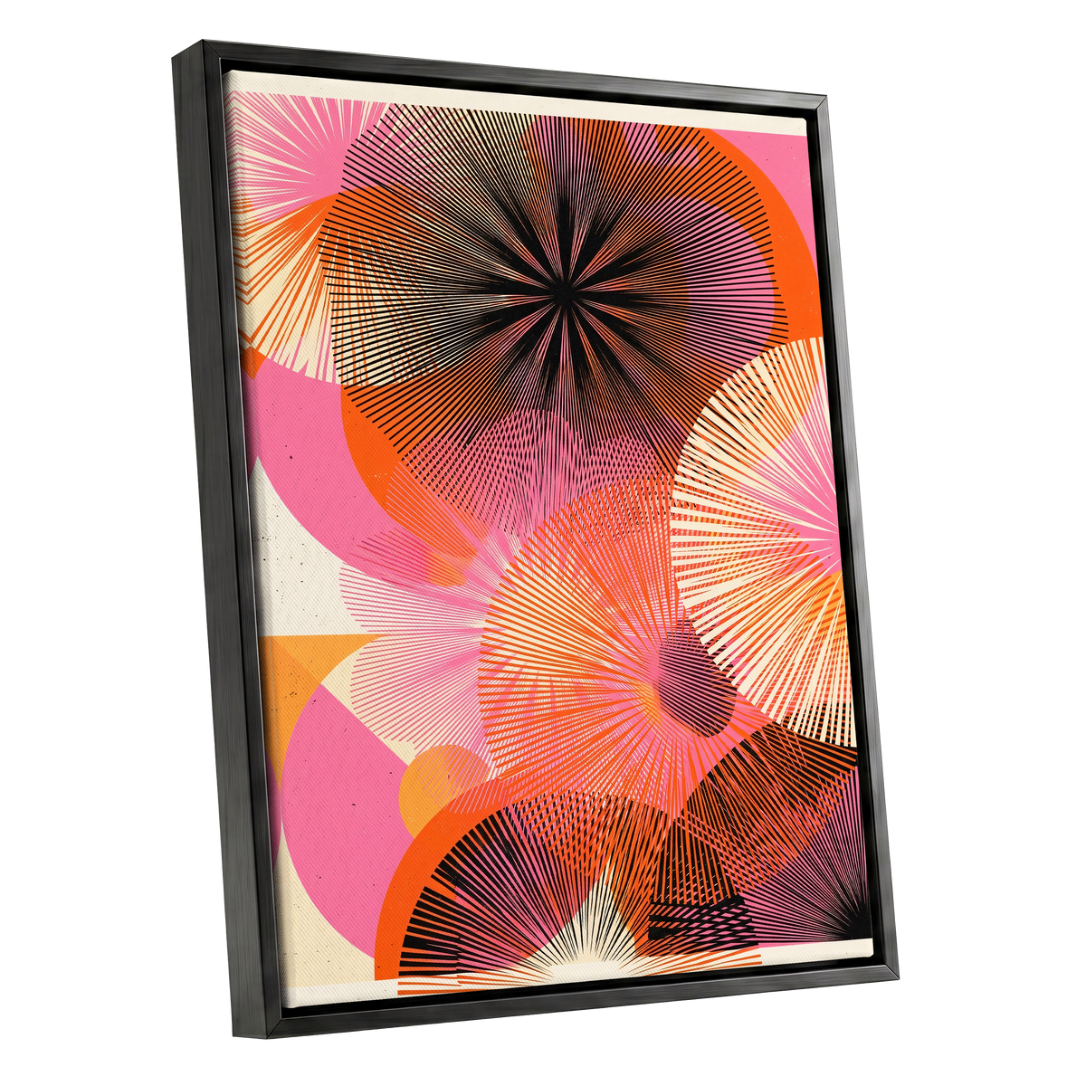 Radiant Orbit, pink, orange, black abstract wall art shown as a black framed canvas wall art