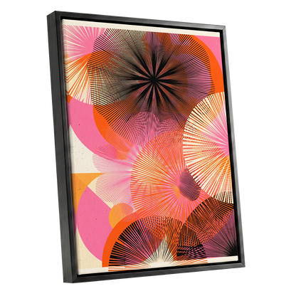 Radiant Orbit, pink, orange, black abstract wall art shown as a black framed canvas wall art