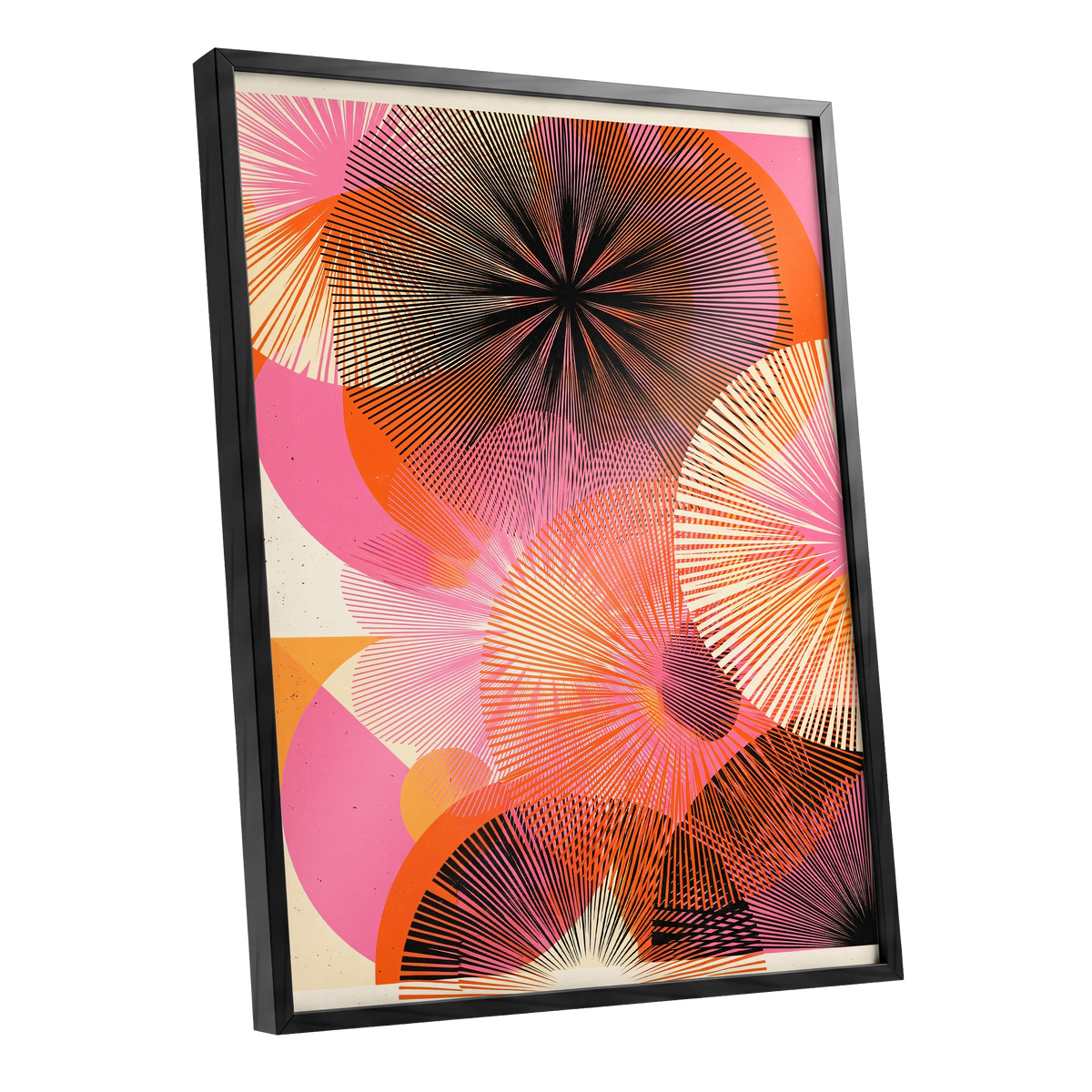 Radiant Orbit, pink, orange, black abstract wall art shown as a black framed poster wall art print