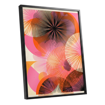Radiant Orbit, pink, orange, black abstract wall art shown as a black framed poster wall art print