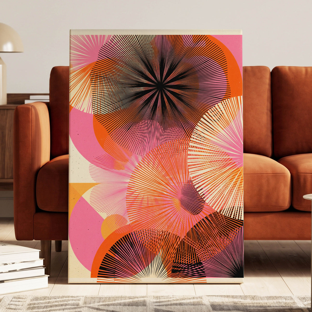 Radiant Orbit, pink, orange, black abstract wall art on canvas displayed in a styled interior, gallery view 1