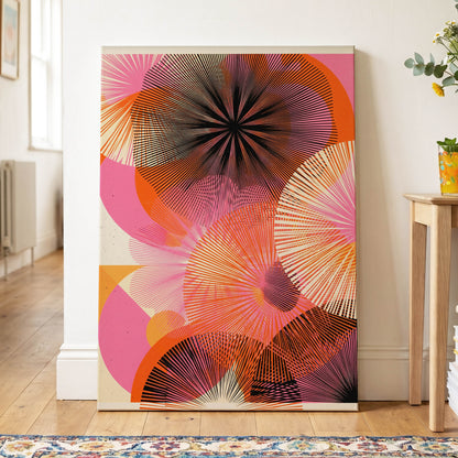 Radiant Orbit, pink, orange, black abstract wall art on canvas displayed in a styled interior, gallery view 2