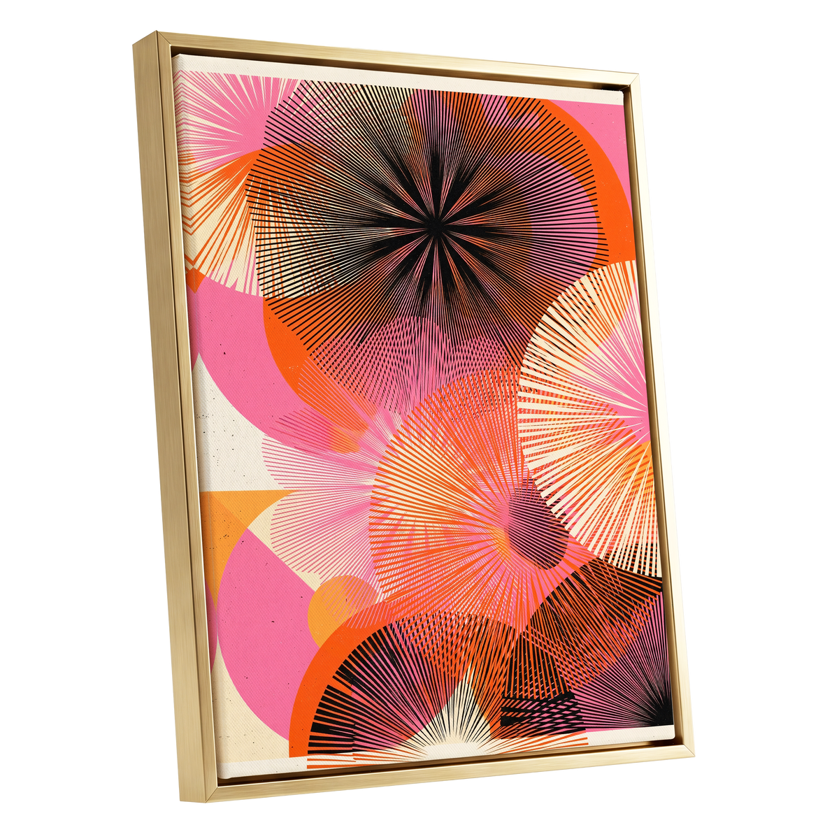 Radiant Orbit, pink, orange, black abstract wall art shown as a gold framed canvas wall art