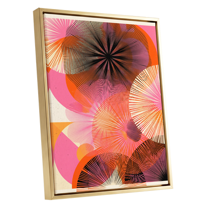 Radiant Orbit, pink, orange, black abstract wall art shown as a gold framed canvas wall art